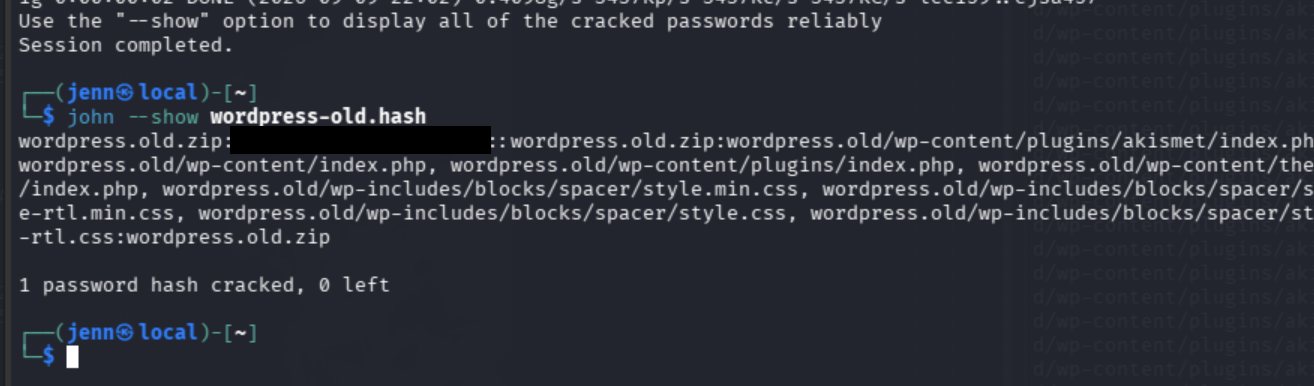 John show output for the WordPress ZIP with the password redacted